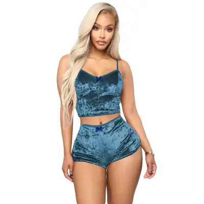 M-3XL Women Sexy Solid Color Crop Top and Panty Pajamas Set