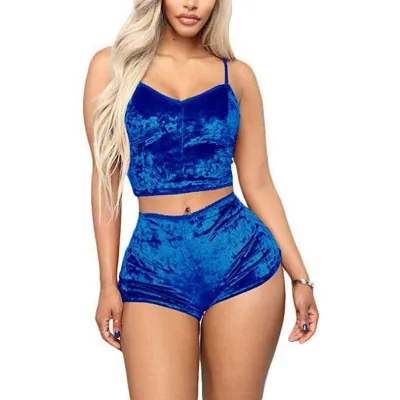 M-3XL Women Sexy Solid Color Crop Top and Panty Pajamas Set