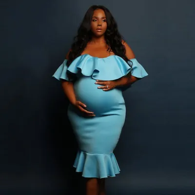 S-XL Off-the-Shoulder Solid Color Flounced Design Maternity Dress