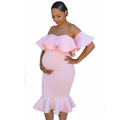 S-XL Off-the-Shoulder Solid Color Flounced Design Maternity Dress