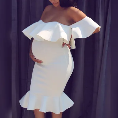 S-XL Off-the-Shoulder Solid Color Flounced Design Maternity Dress