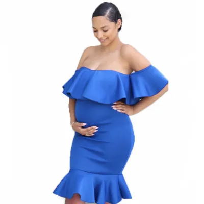 S-XL Off-the-Shoulder Solid Color Flounced Design Maternity Dress