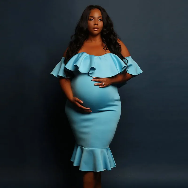 S-XL Off-the-Shoulder Solid Color Flounced Design Maternity Dress