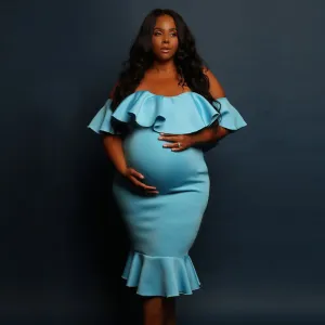 S-XL Off-the-Shoulder Solid Color Flounced Design Maternity Dress