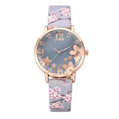 Women Fashion Floral Printed Leisure Quartz Watch with Alloy Case and Imitation Leather Band