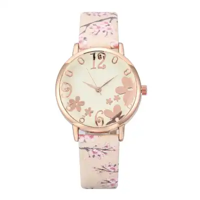 Women Fashion Floral Printed Leisure Quartz Watch with Alloy Case and Imitation Leather Band