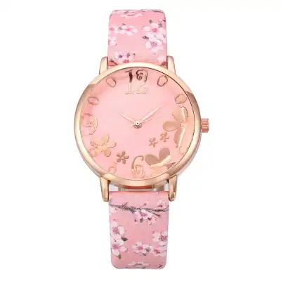Women Fashion Floral Printed Leisure Quartz Watch with Alloy Case and Imitation Leather Band