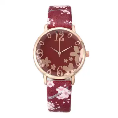 Women Fashion Floral Printed Leisure Quartz Watch with Alloy Case and Imitation Leather Band