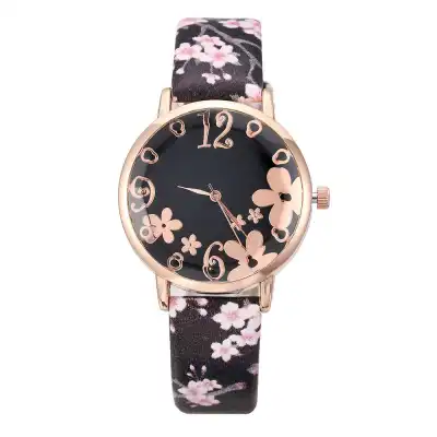 Women Fashion Floral Printed Leisure Quartz Watch with Alloy Case and Imitation Leather Band