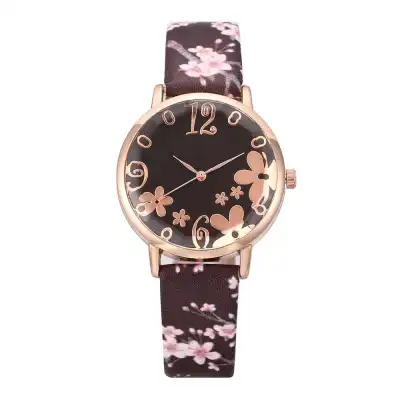 Women Fashion Floral Printed Leisure Quartz Watch with Alloy Case and Imitation Leather Band