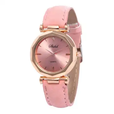 Fashion Women Casual Quartz Wristwatch with Plastic Case and PU Strap