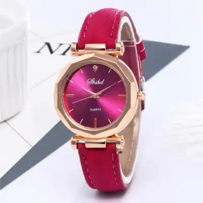 Fashion Women Casual Quartz Wristwatch with Plastic Case and PU Strap