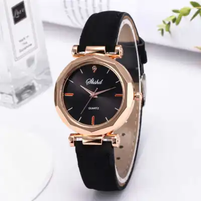 Fashion Women Casual Quartz Wristwatch with Plastic Case and PU Strap
