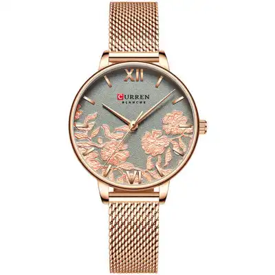 Women Stainless Steel Strap Mesh Band Rose Quartz Wristwatch