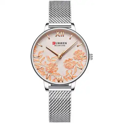 Women Stainless Steel Strap Mesh Band Rose Quartz Wristwatch