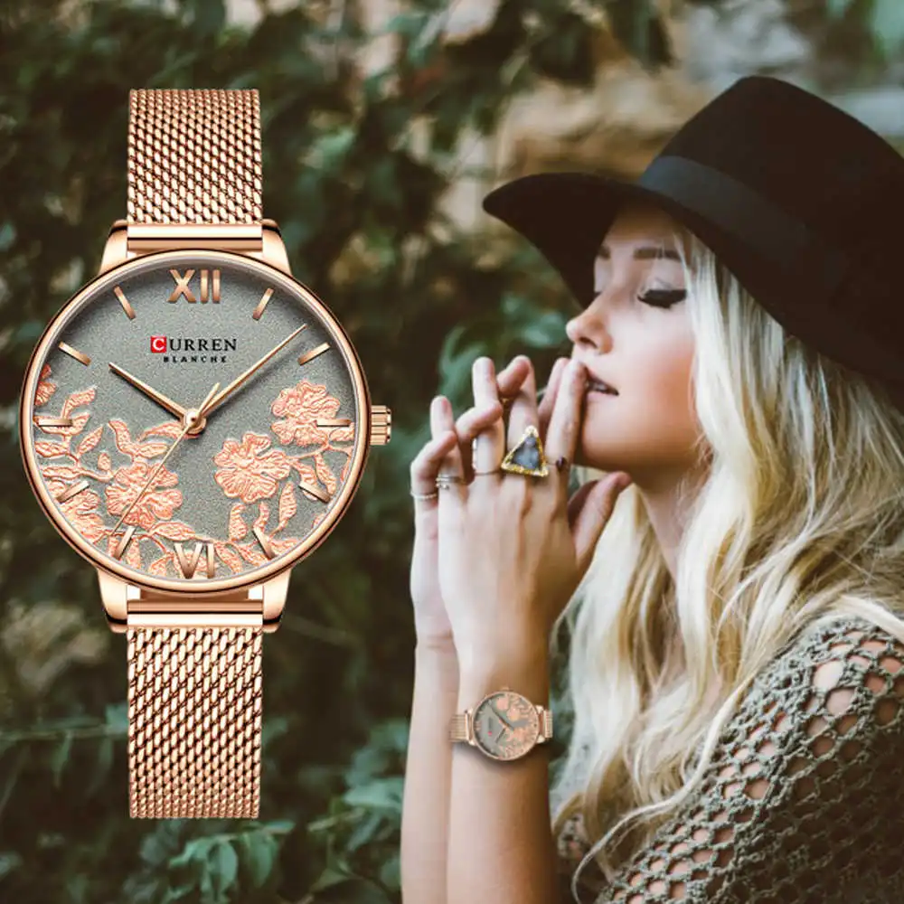 Women Stainless Steel Strap Mesh Band Rose Quartz Wristwatch