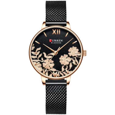 Women Stainless Steel Strap Mesh Band Rose Quartz Wristwatch
