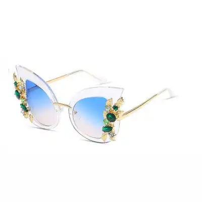 Fashion Transparent Frame Rhinestone Decor Cat Eye Women Sunglasses