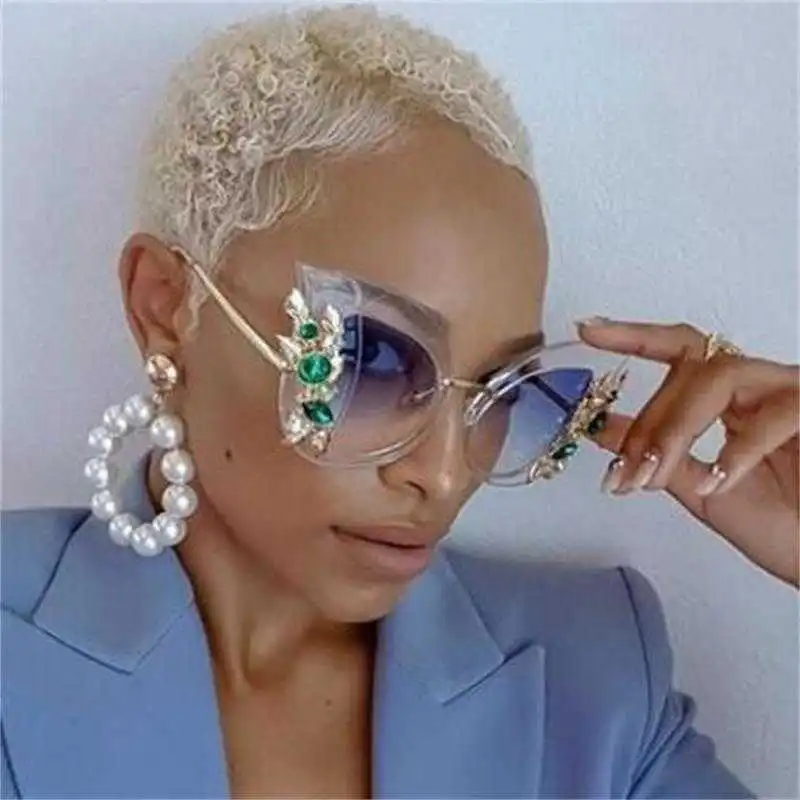 Fashion Transparent Frame Rhinestone Decor Cat Eye Women Sunglasses