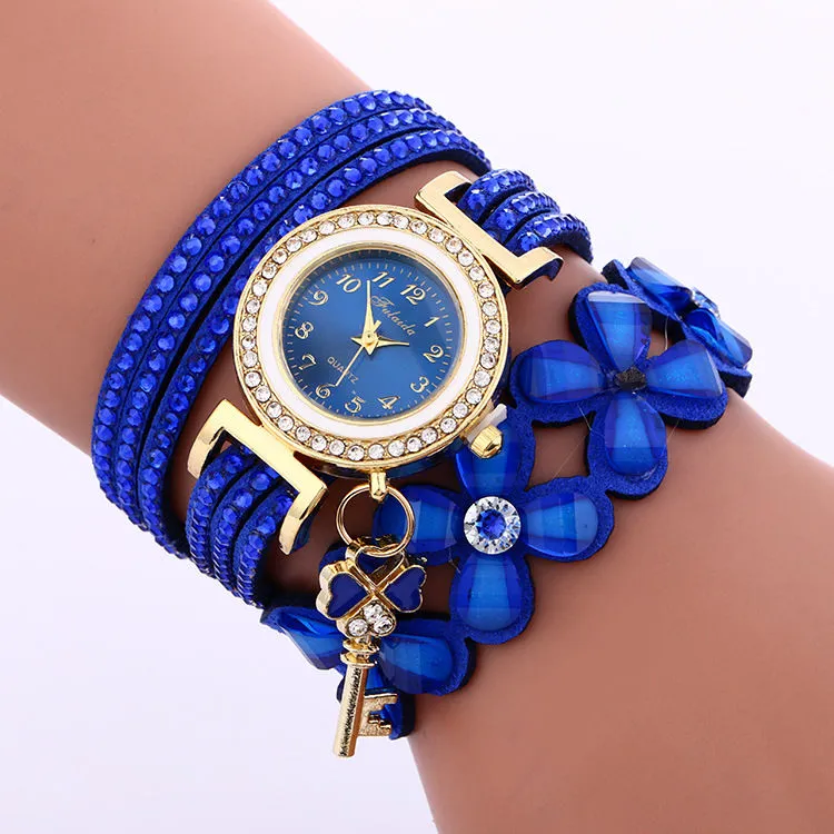 Fashion Flower Shaped Band Women Bracelet Quartz Watch Velvet Alloy Round Dial