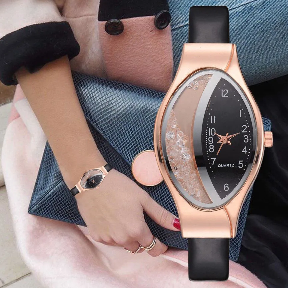 Women Snakeskin Band Ellipse Rhinestone Quartz Watch