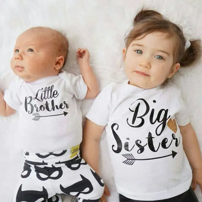 Big Sister and Little Brother Matching Letter Pattern T-shirt for Kids Family Matching Outfits