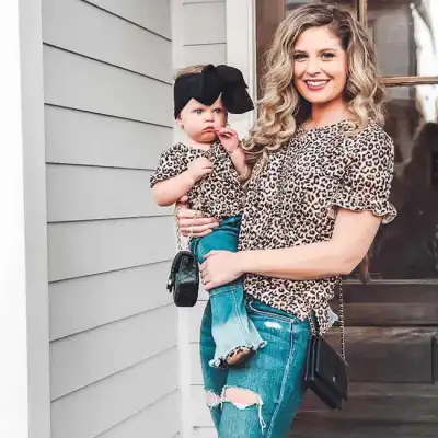 Leopard Print Long-sleeve Mom And Me Matching Top