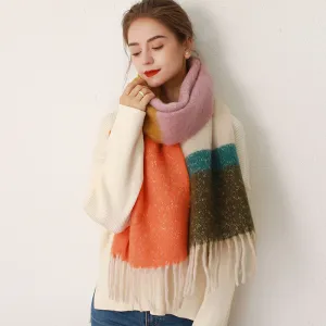 Winter Women Fashion Multicolor Color Block Stripe Cashmere Thickened Tassel Scarf
