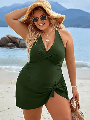 Summer Women Casual Leaf Print Zipper Plus Size One-Piece Swimsuit