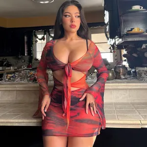 Robe sexy à manches longues et col en U en maille transparente pour femme