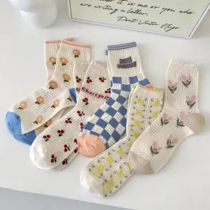 Women Fashion Thin Mesh Breathable Cherry Checkerboard Small Fresh Mid Tube Socks