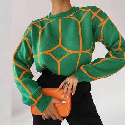 Suéter de punto de manga larga geométrico de moda de invierno para mujer