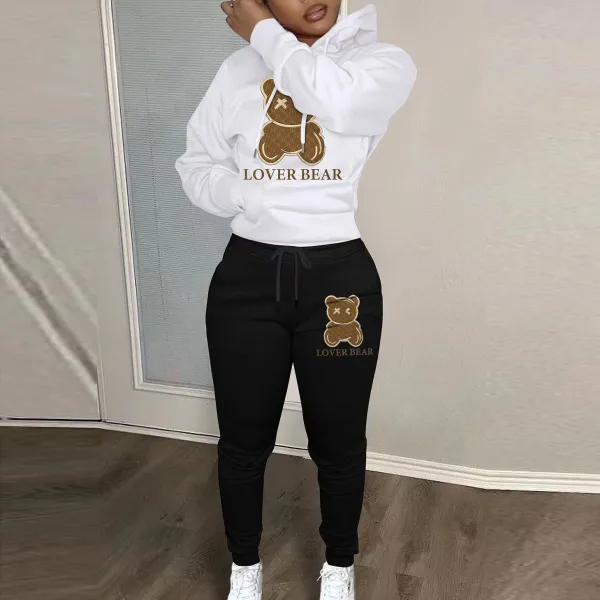Autumn Winter Thickened Hooded Bear Pattern Sweatshirt And Pants Women Casual Athleisure Set