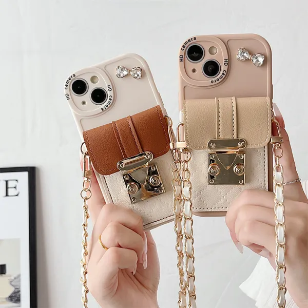 Women Fashion Leather Rhinestone Bow Chain Crossbody Apple Phone Case