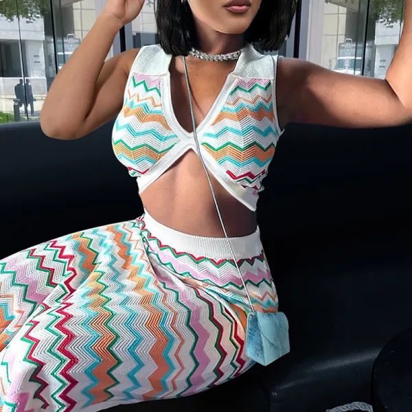Women Fashion Color Blocking Stripe Pattern Crop Tank Top And Skirt Set