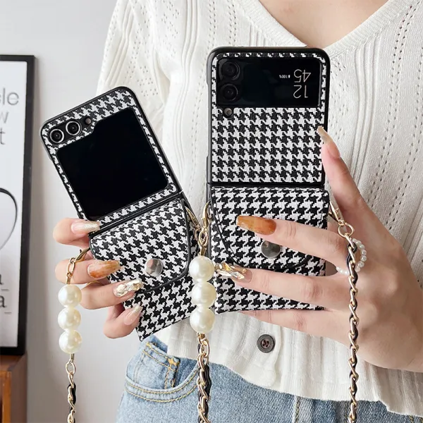 Women Fashion Black White Houndstooth 4 Flip Folding Crossbody Chain Pearl Mobile Phone Case