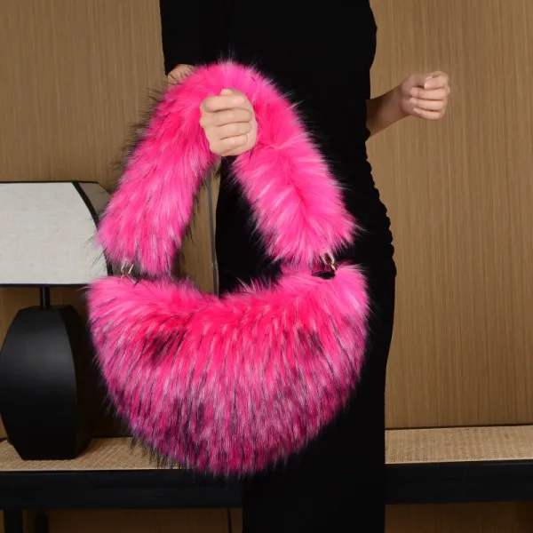 Women Fashion Cute Solid Color Plush Semi-Round Handbag