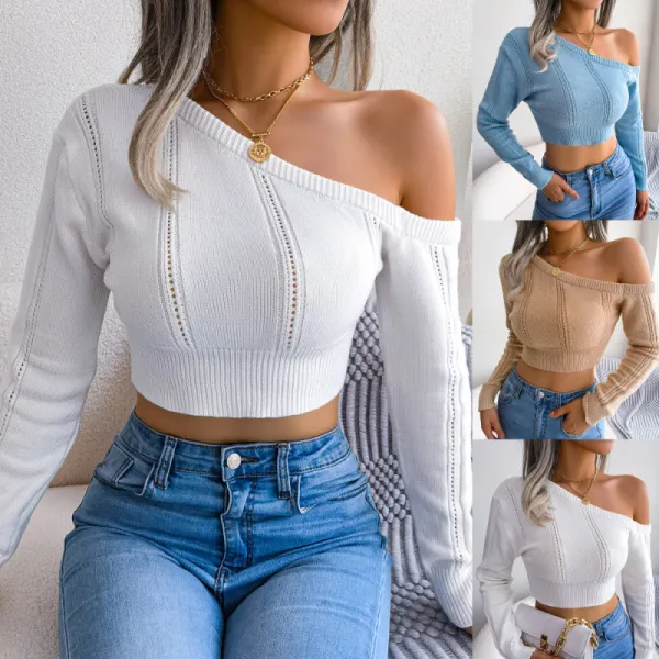 Women Edgy Solid Color Irregular Oblique Shoulder Long Sleeve Crop Knitted Sweater