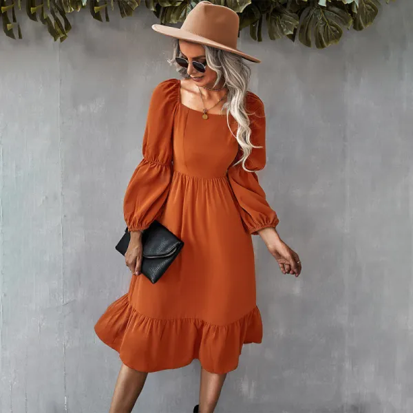 Women Casual Holiday Style Solid Color Square Neck Lantern Long-Sleeved Dress