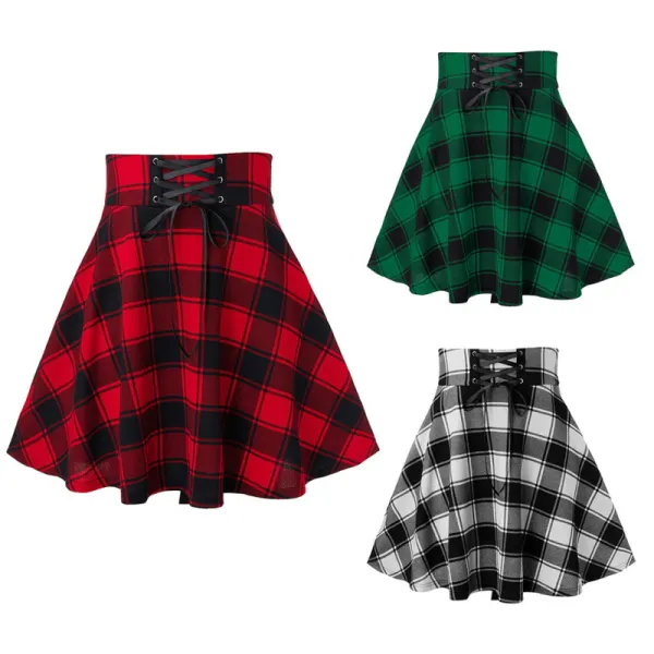 Women Plaid Lace-Up Slim Fit Pleated Skirt