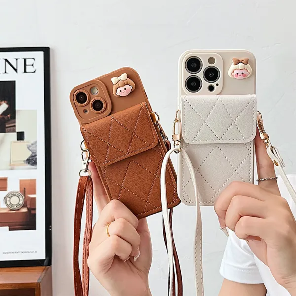 Women Fashionable Rhomboid Wallet Crossbody Lanyard Apple Phone Case