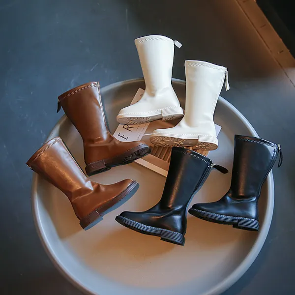 Kids Girls Autumn Winter Fashion Casual Round-Toe Solid Color Low Heel Zipper Mid-Calf Boots