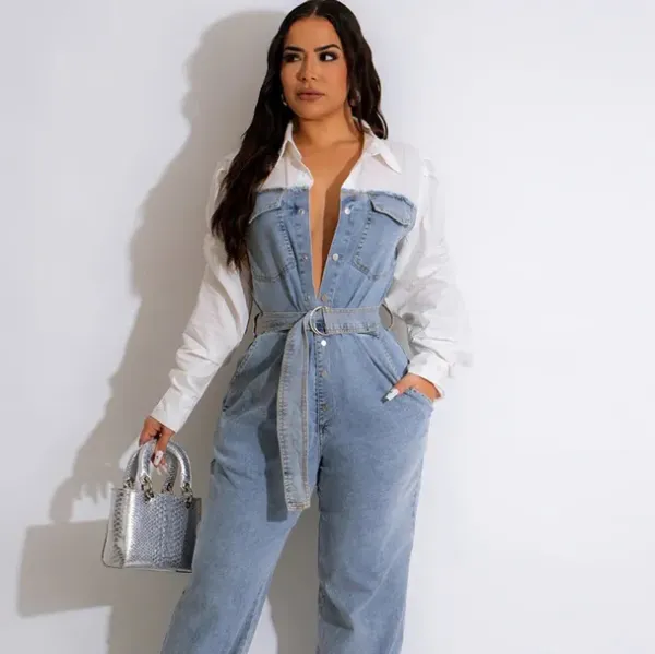Casual Fashion Women Solid Color Ruffled One-Shoulder Design Denim Rompers