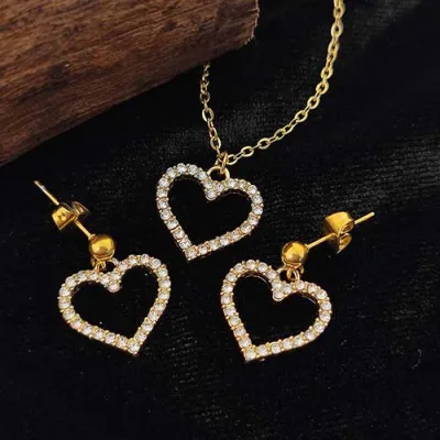 Chic Rhinestone Hollow Heart Pendant Steel Chain Necklace Earrings Set