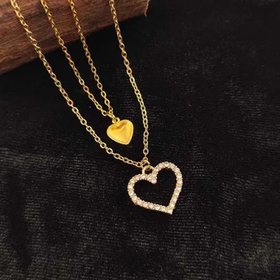 Chic Rhinestone Hollow Heart Pendant Double Layer Steel Chain Necklace