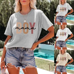 Camiseta de manga corta con letras sueltas para mamá de Color sólido Simple de verano para mujer
