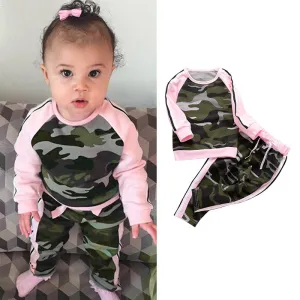 Toddlers Newborn Baby Fashion Girls Basic Casual Long Sleeve Camouflage Print Top And Pants 2pcs Set