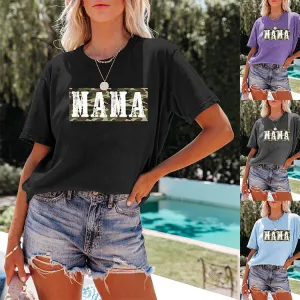 Summer Fashion Camouflage Letter Printed Women Mom Casual Loose T-Shirt