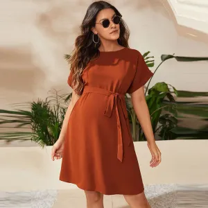 Women Fashion Solid Color Lace-Up Bat Sleeve Maternity Dress