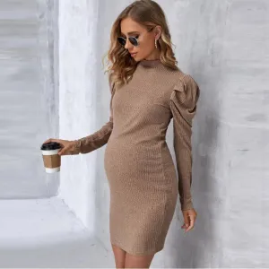 Women Fashion Solid Color Long Sleeve High Neck Knitted Maternity Dress